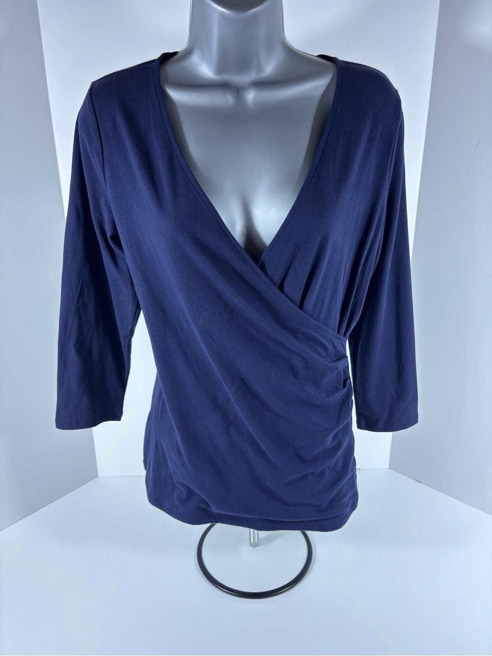 The Limited Navy Faux Wrap Top | Ruched Side Stretch Knit | Size S